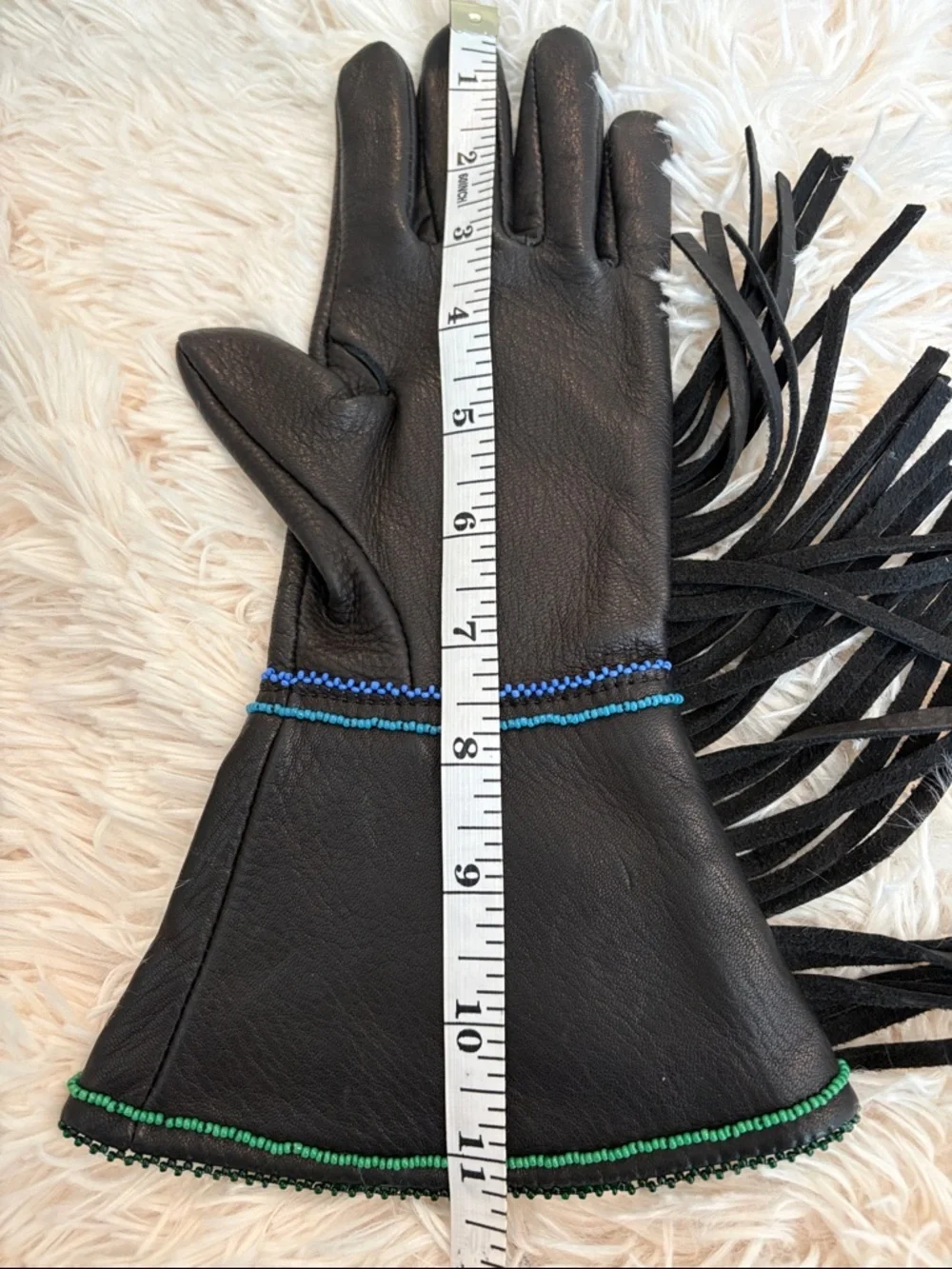 Fringed Black Leather Gloves with hand beaded Detail. Never worn.